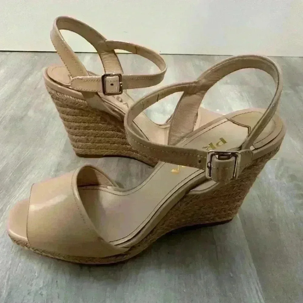 Prada Patent Leather Espadrille Wedge Sandals Beige Size 37 us 6.5